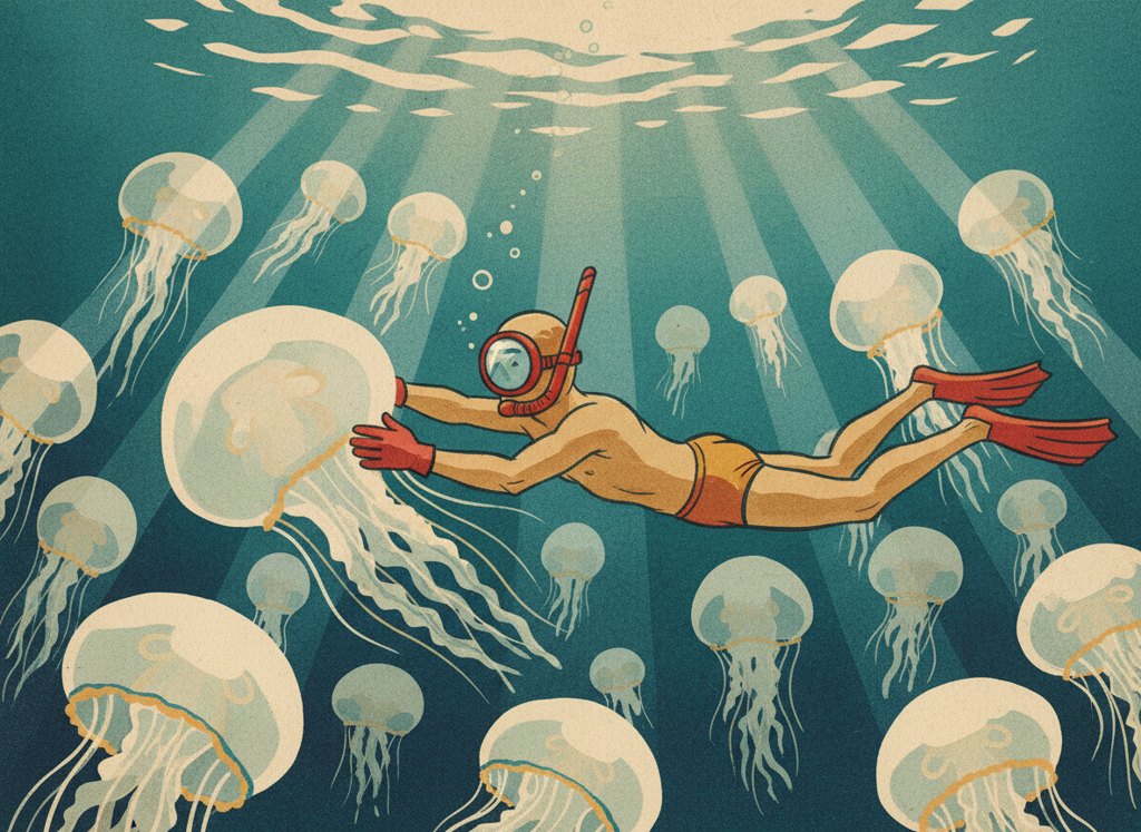 When you swim with a mask, at least you see them and try to push them away and squeeze between them.
