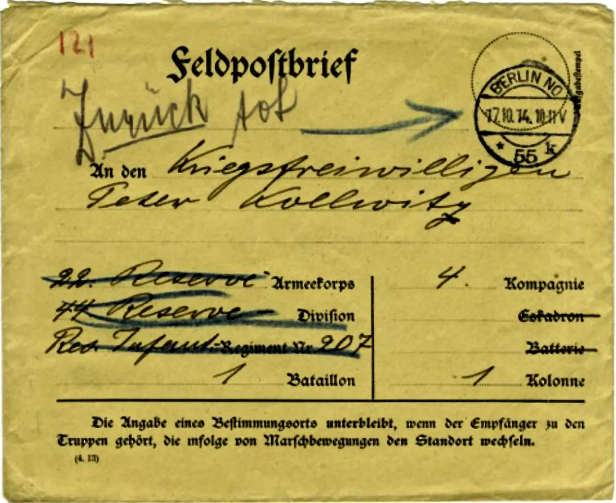 Field post envelope to Peter Kollwitz, 1914, marked Zurück tot