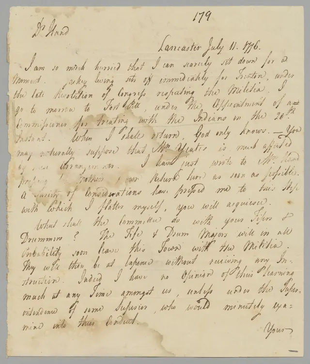 Jasper Yeates to Col. Edward Hand, 11 Jul 1776
