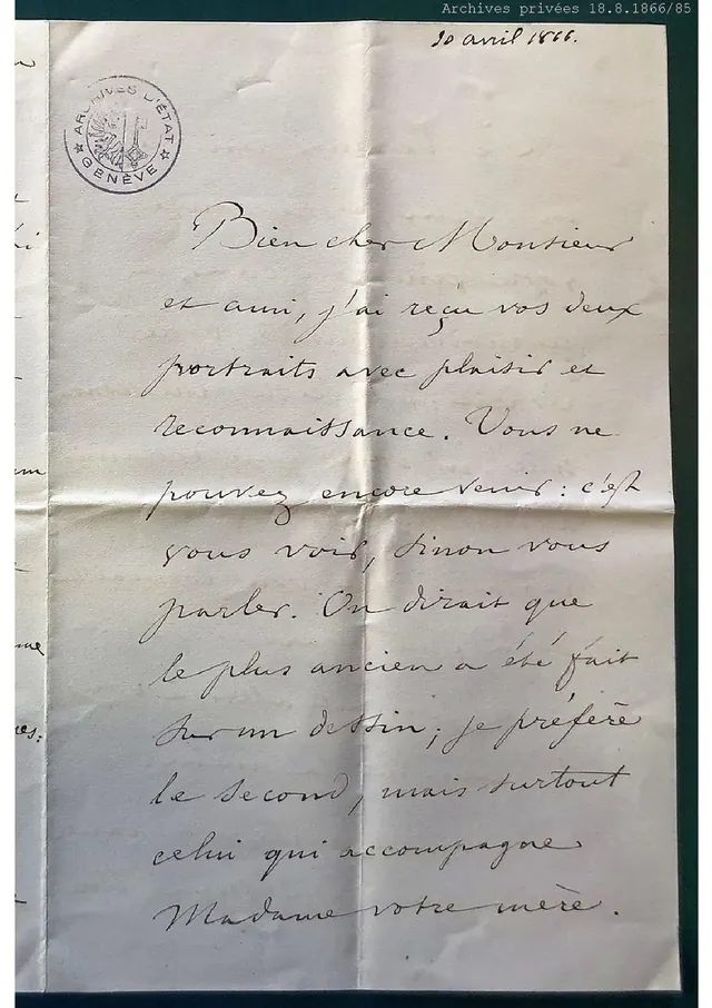 Hippolyte Valmore to Gustave Revilliod, 30 Apr 1866